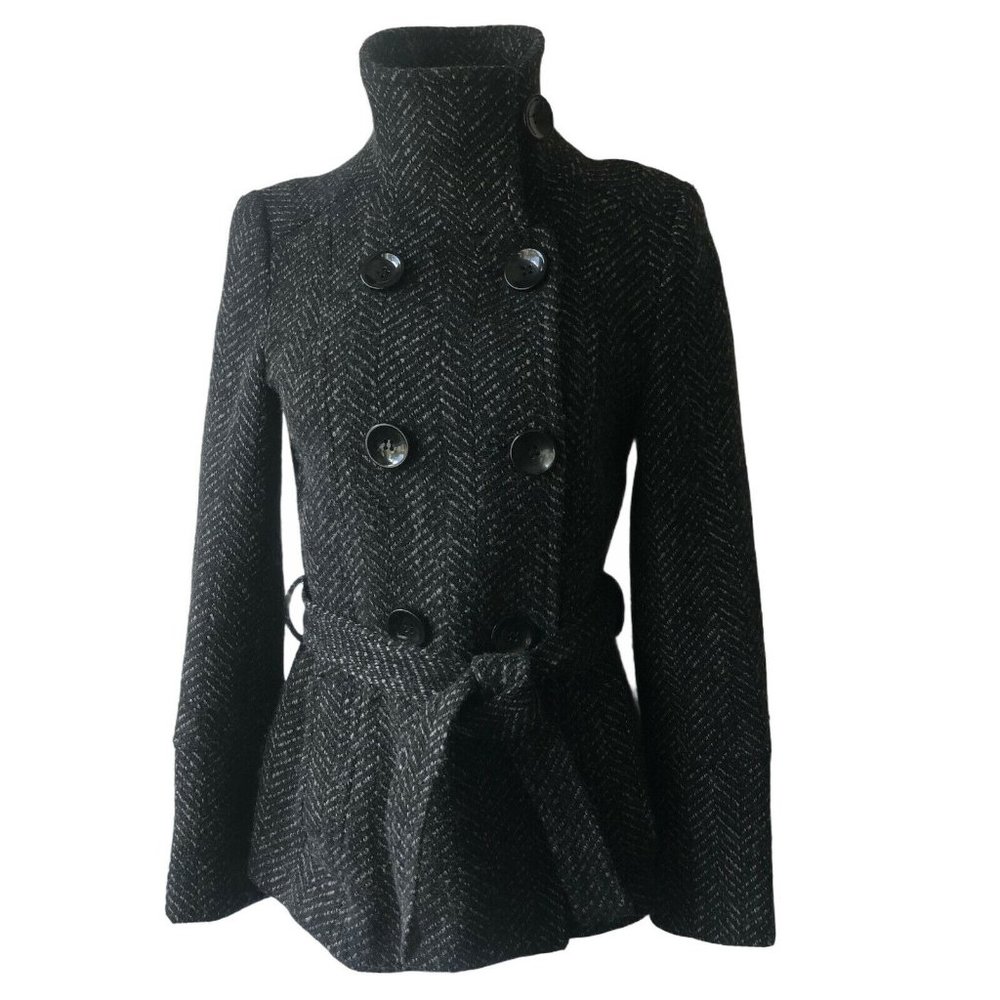 ZARA WOMENS ATTACHED BELT HERRINGBONE JACKET/ M